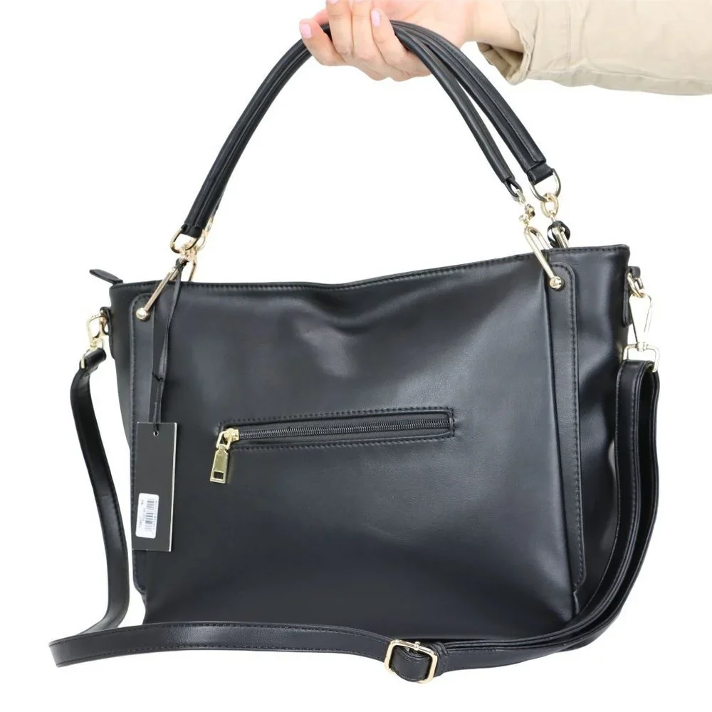 Black Faux Leather Purse and Wallet 2 in 1 Set Tote Hobo Bucket Shoulder Bag - Picture 3 of 12